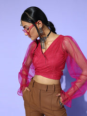 Magenta Pink Polyester Solid Crop Top - Inddus.com