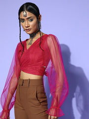 Magenta Pink Polyester Solid Crop Top - Inddus.com