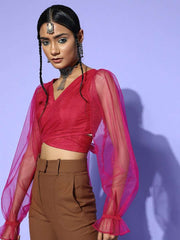 Magenta Pink Polyester Solid Crop Top - Inddus.com