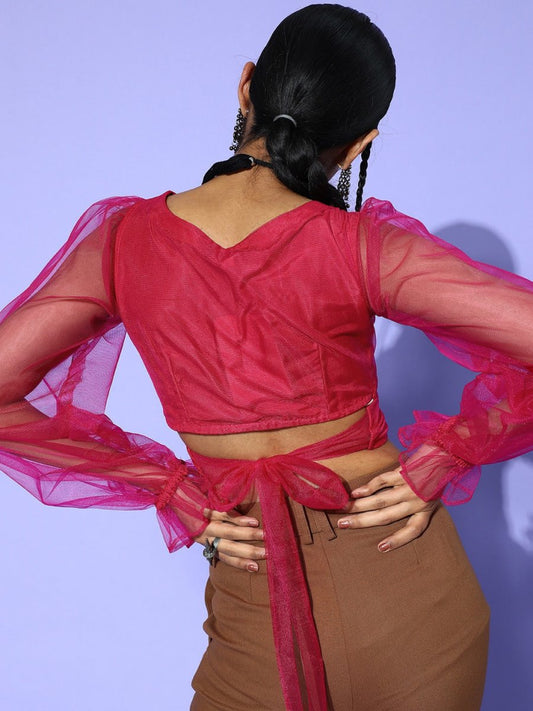 Magenta Pink Polyester Solid Crop Top - Inddus.com