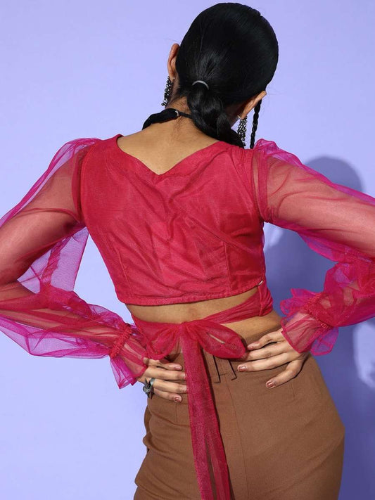 Magenta Pink Polyester Solid Crop Top - Inddus.com