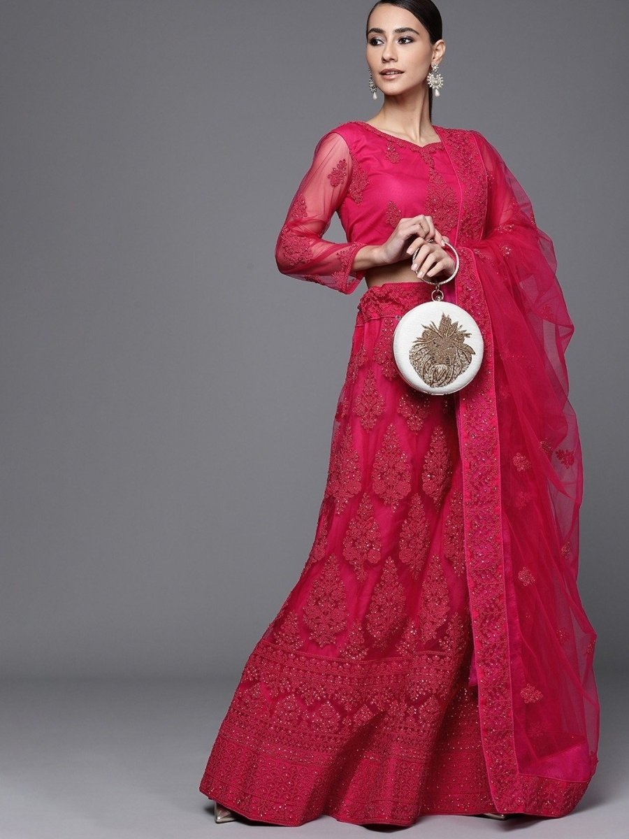 Magenta Pink Semistitched Lehenga with Embroidered Blouse and Embroidered Dupatta - inddus-us