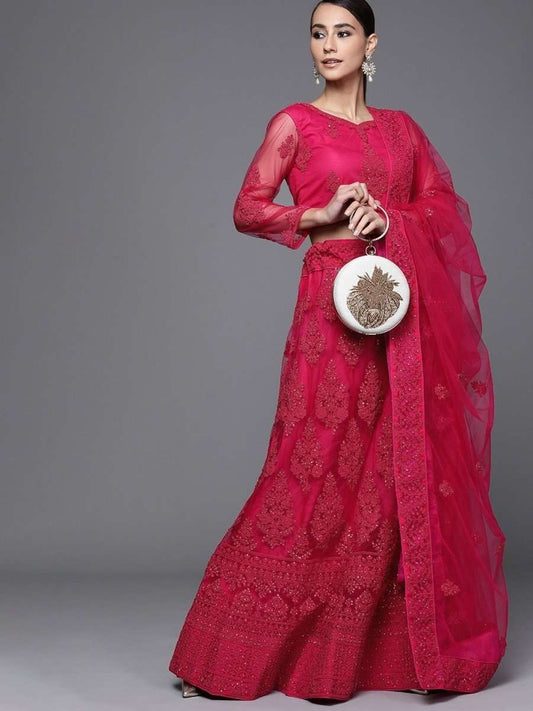 Magenta Pink Semistitched Lehenga with Embroidered Blouse and Embroidered Dupatta - inddus-us