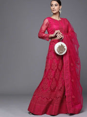 Magenta Pink Semistitched Lehenga with Embroidered Blouse and Embroidered Dupatta - inddus-us