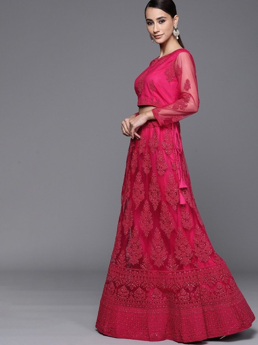 Magenta Pink Semistitched Lehenga with Embroidered Blouse and Embroidered Dupatta - inddus-us