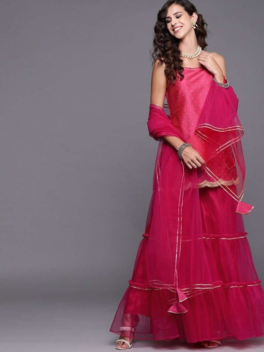 Magenta Pink Woven Kurta with Teirred Sharara and Net Dupatta - Inddus.com