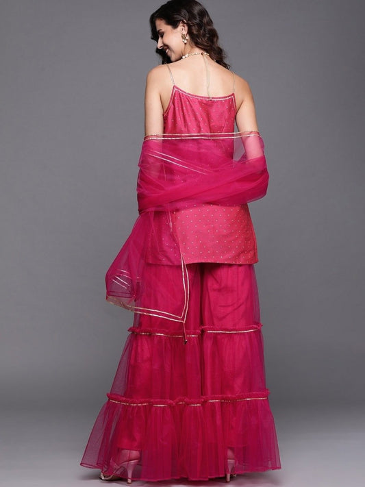 Magenta Pink Woven Kurta with Teirred Sharara and Net Dupatta - Inddus.com