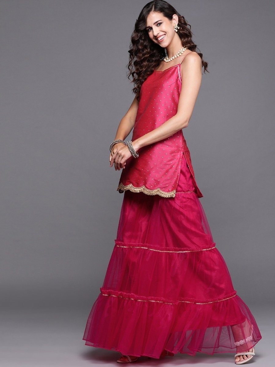 Magenta Pink Woven Kurta with Teirred Sharara and Net Dupatta - Inddus.com