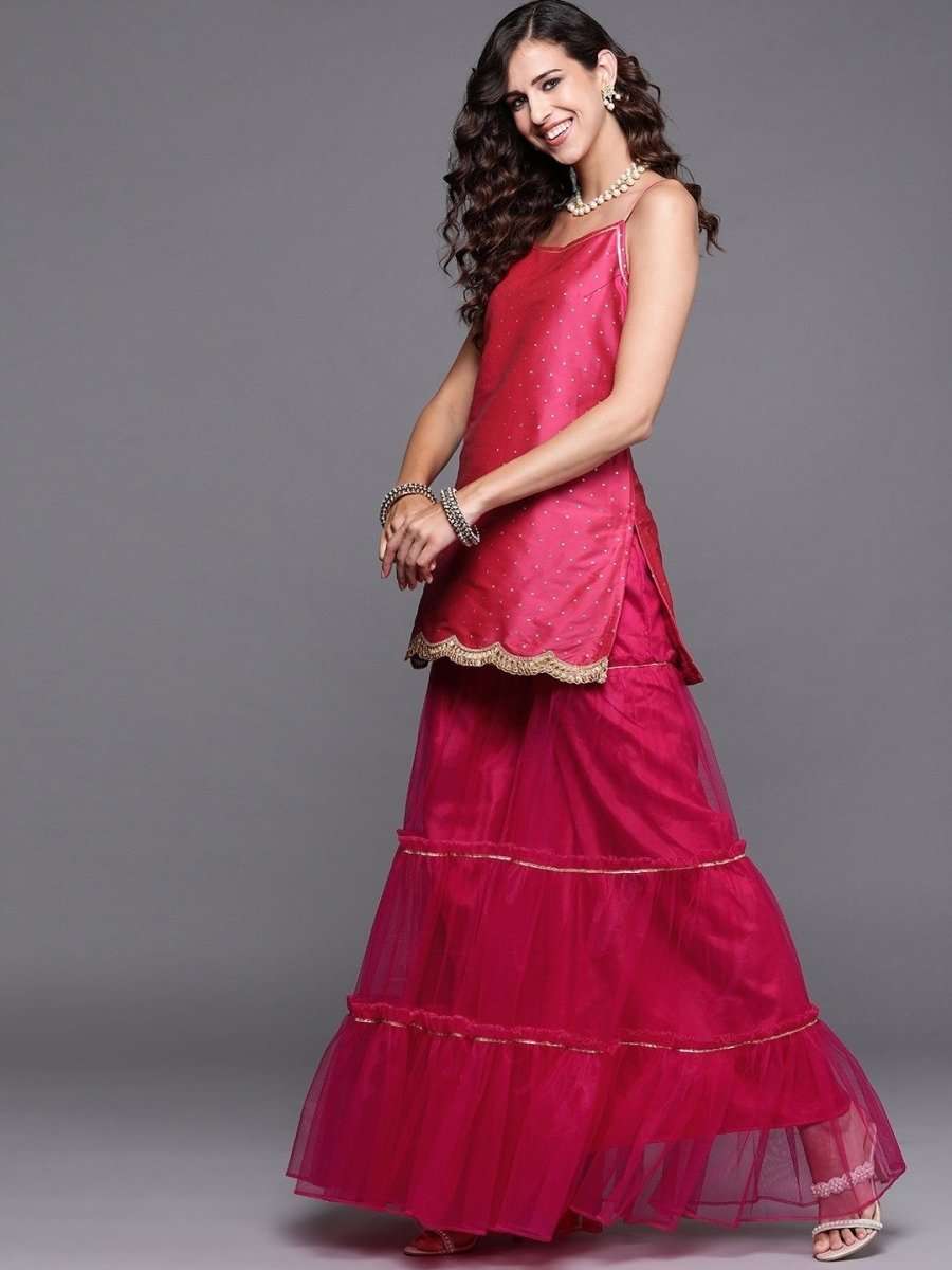 Magenta Pink Woven Kurta with Teirred Sharara and Net Dupatta - Inddus.com