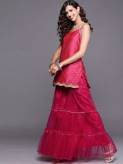 Magenta Pink Woven Kurta with Teirred Sharara and Net Dupatta - Inddus.com