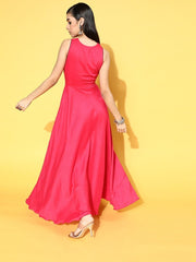 Magenta Polyester Partywear Solid Dresses - Inddus.com