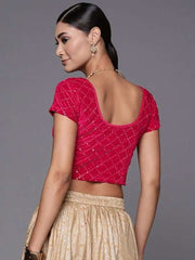 Magenta Sequined Velvet Stretchable Saree Blouse - Inddus.com