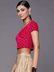 Magenta Sequined Velvet Stretchable Saree Blouse - Inddus.com