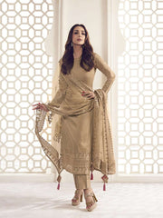 Malaika Arora Beige Floral Thread and Sequines Embroidered Kurta Set - Inddus.com