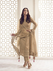 Malaika Arora Beige Floral Thread and Sequines Embroidered Kurta Set - Inddus.com