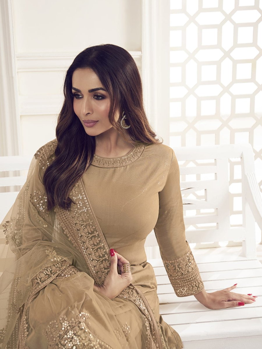 Malaika Arora Beige Floral Thread and Sequines Embroidered Kurta Set - Inddus.com