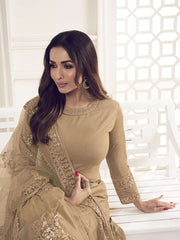 Malaika Arora Beige Floral Thread and Sequines Embroidered Kurta Set - Inddus.com
