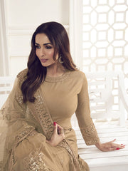 Malaika Arora Beige Floral Thread and Sequines Embroidered Kurta Set - Inddus.com