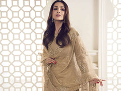 Malaika Arora Beige Floral Thread and Sequines Embroidered Kurta Set - Inddus.com