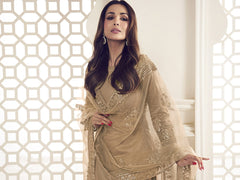 Malaika Arora Beige Floral Thread and Sequines Embroidered Kurta Set - Inddus.com