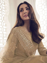 Malaika Arora Beige Floral Thread and Sequines Embroidered Kurta Set - Inddus.com