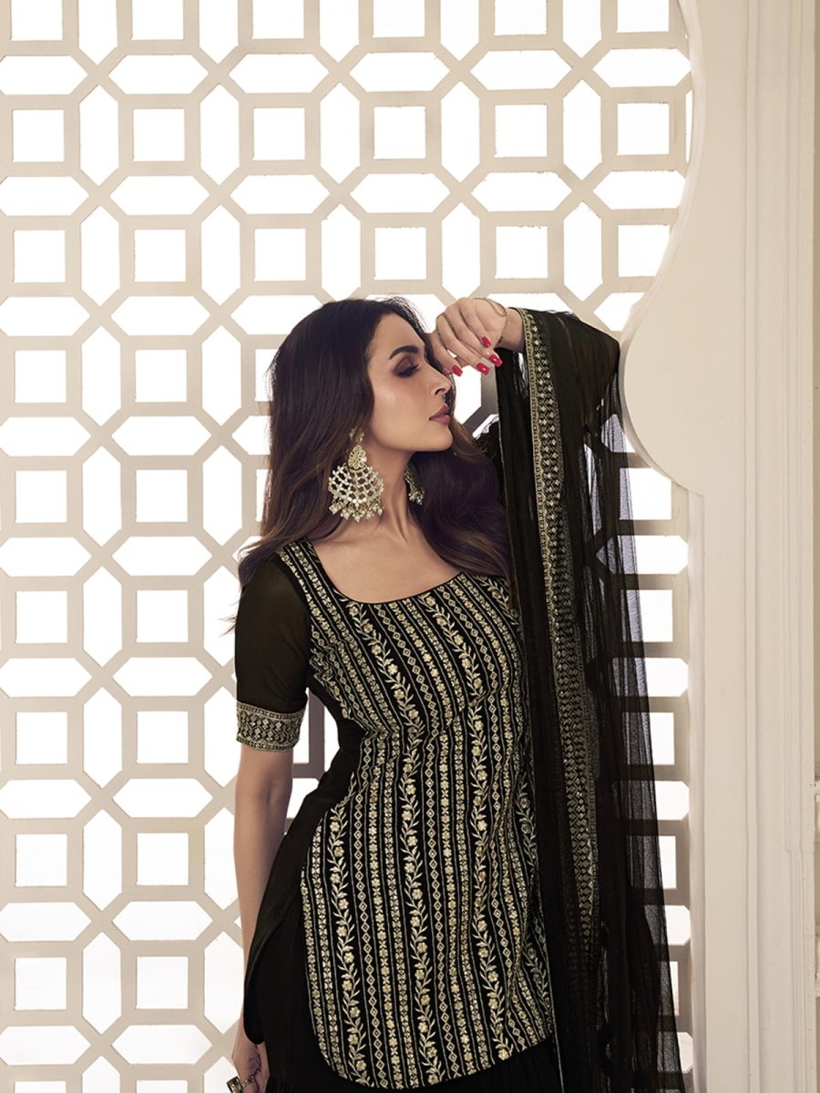 Malaika Arora Black Floral Zari Sequines Embroidered Kurta Set - Inddus.com