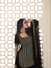 Malaika Arora Black Floral Zari Sequines Embroidered Kurta Set - Inddus.com