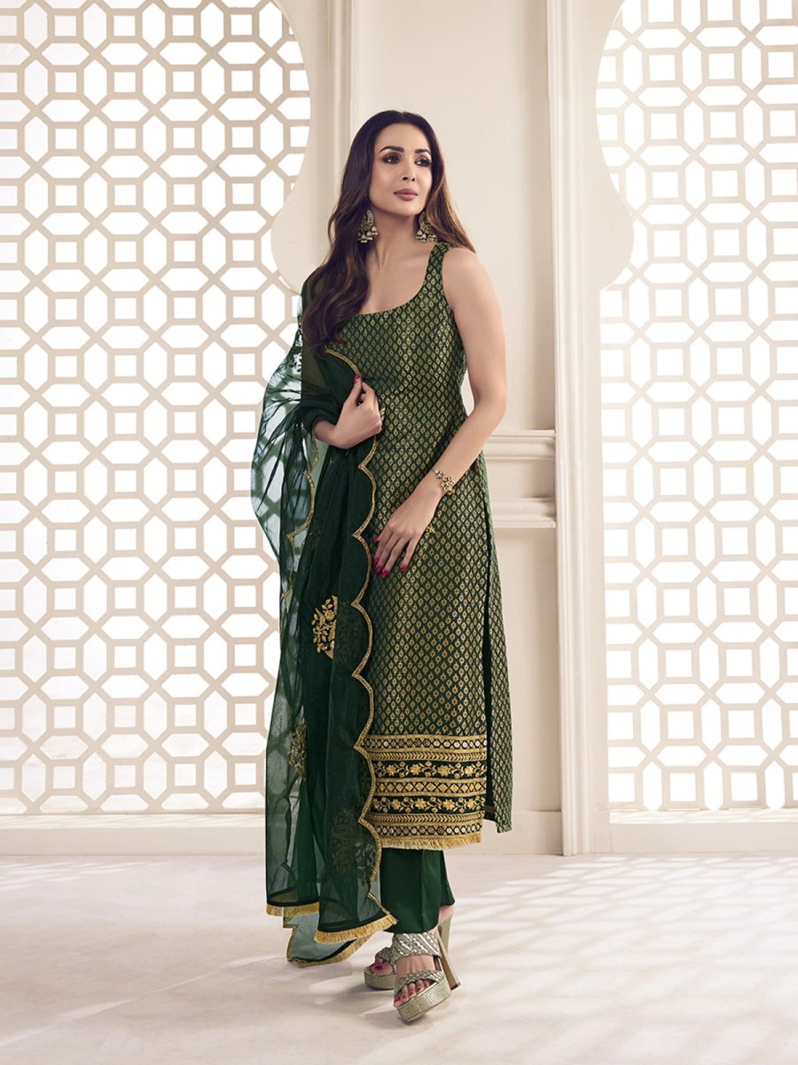 Malaika Arora Bottle Green Zari Woven Embroidered Stright Kurta Set - Inddus.com