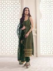 Malaika Arora Bottle Green Zari Woven Embroidered Stright Kurta Set - Inddus.com
