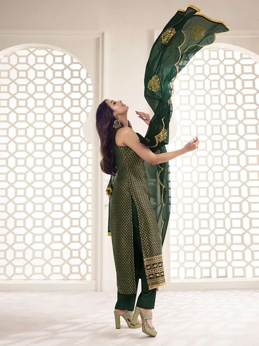 Malaika Arora Bottle Green Zari Woven Embroidered Stright Kurta Set - Inddus.com