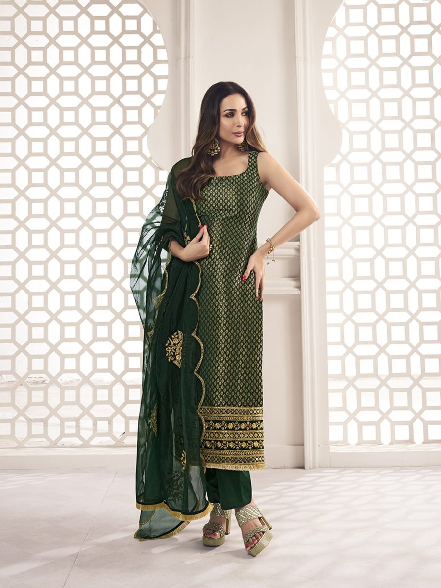 Malaika Arora Bottle Green Zari Woven Embroidered Stright Kurta Set - Inddus.com