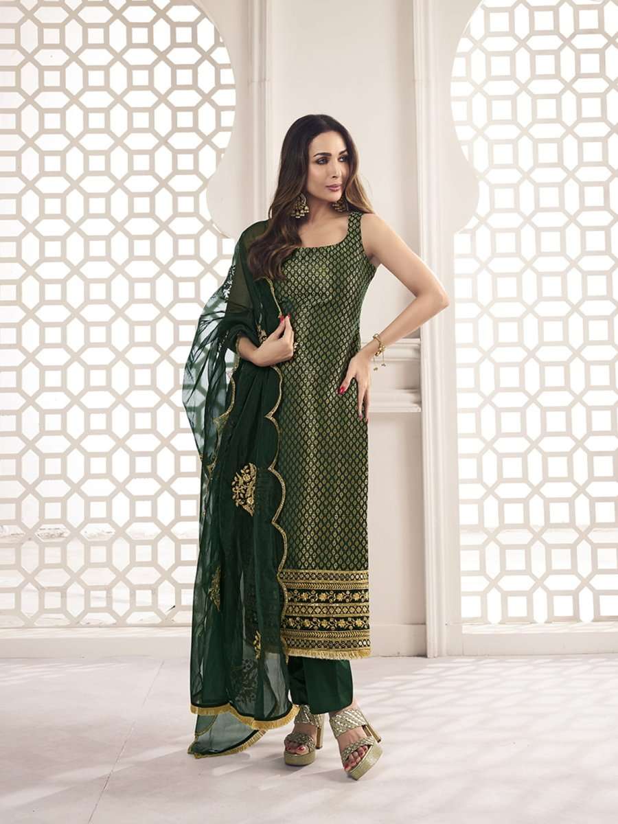 Malaika Arora Bottle Green Zari Woven Embroidered Stright Kurta Set - Inddus.com