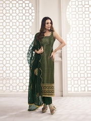 Malaika Arora Bottle Green Zari Woven Embroidered Stright Kurta Set - Inddus.com