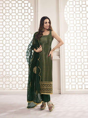 Malaika Arora Bottle Green Zari Woven Embroidered Stright Kurta Set - Inddus.com