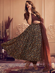 Malaika Arora Floral Printed V-Neck Thread and Sequins Embroidered A-Line Kurta Set With Dupatta - Inddus.com