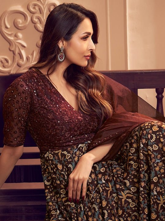Malaika Arora Floral Printed V-Neck Thread and Sequins Embroidered A-Line Kurta Set With Dupatta - Inddus.com