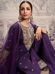 Malaika Arora Floral Yoke Design Round Neck Sequins Chanderi Cotton Kurta Set With Dupatta - Inddus.com