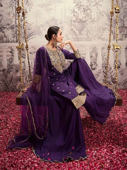 Malaika Arora Floral Yoke Design Round Neck Sequins Chanderi Cotton Kurta Set With Dupatta - Inddus.com