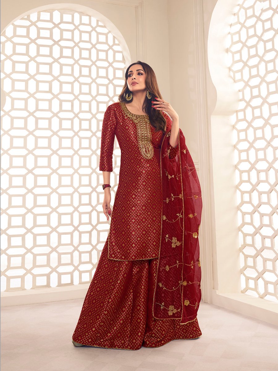Malaika Arora Maroon Zari Woven Yoke Design Embroidered Stright Kurta Set - Inddus.com