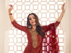 Malaika Arora Maroon Zari Woven Yoke Design Embroidered Stright Kurta Set - Inddus.com