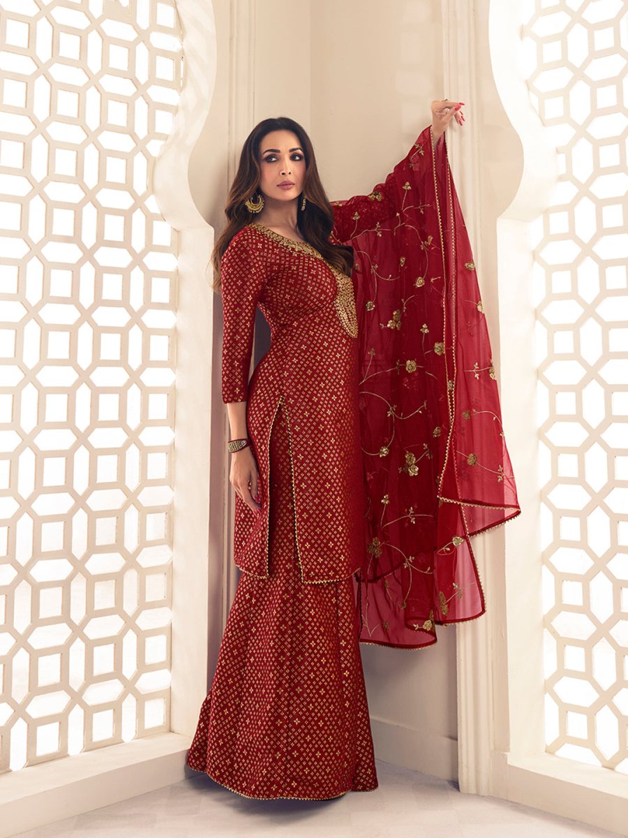 Malaika Arora Maroon Zari Woven Yoke Design Embroidered Stright Kurta Set - Inddus.com