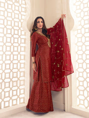 Malaika Arora Maroon Zari Woven Yoke Design Embroidered Stright Kurta Set - Inddus.com
