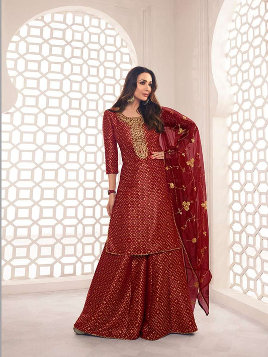Malaika Arora Maroon Zari Woven Yoke Design Embroidered Stright Kurta Set - Inddus.com