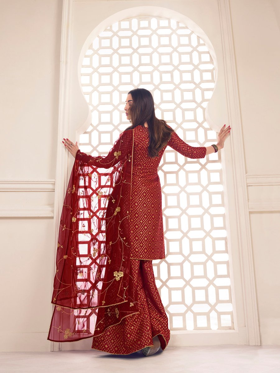 Malaika Arora Maroon Zari Woven Yoke Design Embroidered Stright Kurta Set - Inddus.com