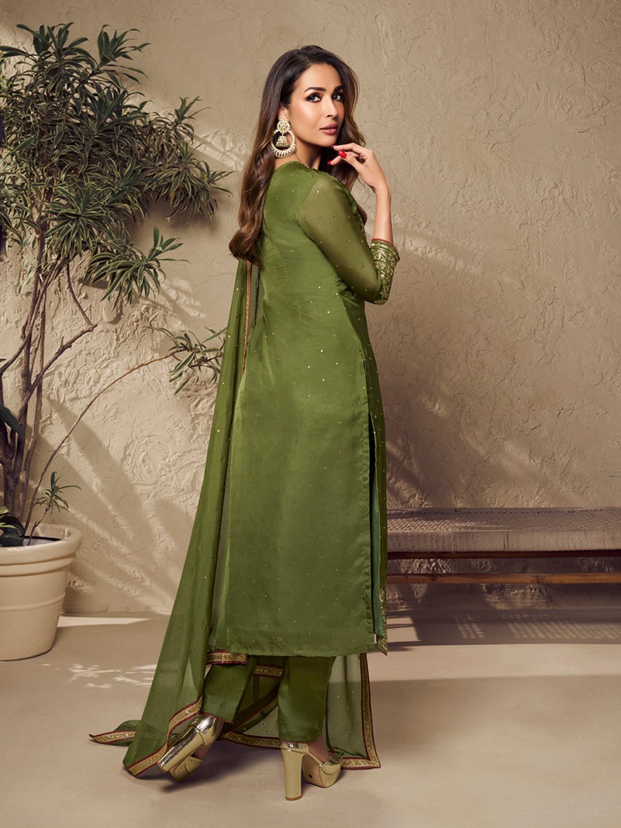 Malaika Arora Mehndi Green Zari and Mukaish Embroidered Yoke Design Stright Kurta Set - Inddus.com