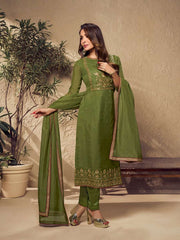 Malaika Arora Mehndi Green Zari and Mukaish Embroidered Yoke Design Stright Kurta Set - Inddus.com