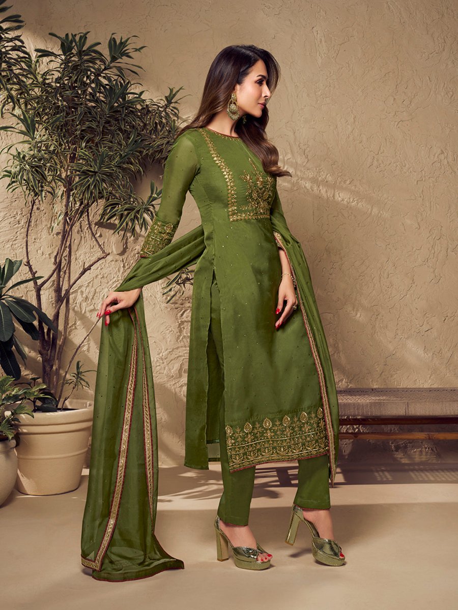 Malaika Arora Mehndi Green Zari and Mukaish Embroidered Yoke Design Stright Kurta Set - Inddus.com