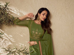 Malaika Arora Mehndi Green Zari and Mukaish Embroidered Yoke Design Stright Kurta Set - Inddus.com
