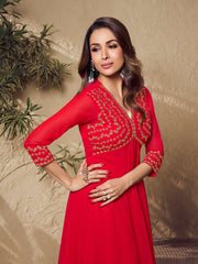 Malaika Arora Red Zari Embroidered Flared Kurta with Sharara - Inddus.com