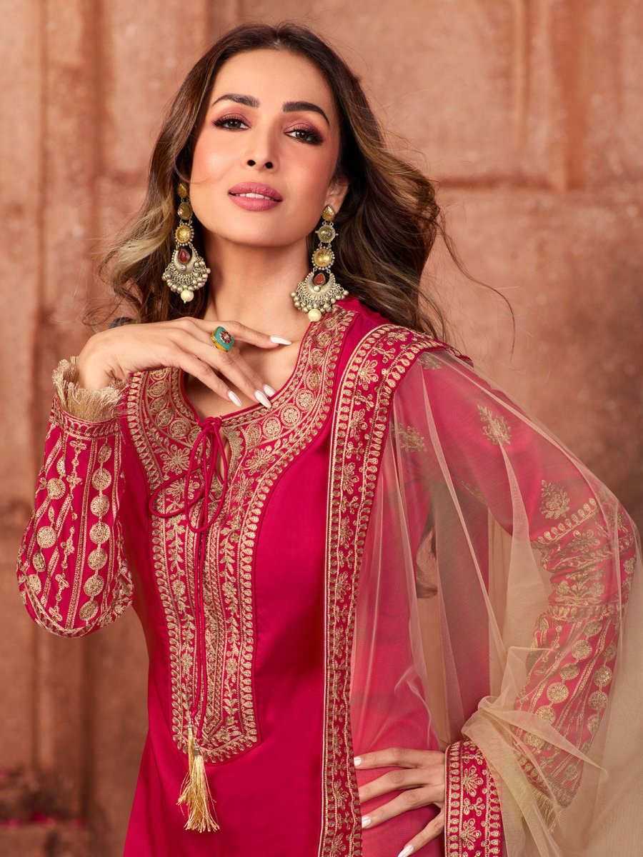 Malaika Arora Style Magenta & Gold Embroidered Kurta Suit - Inddus.com